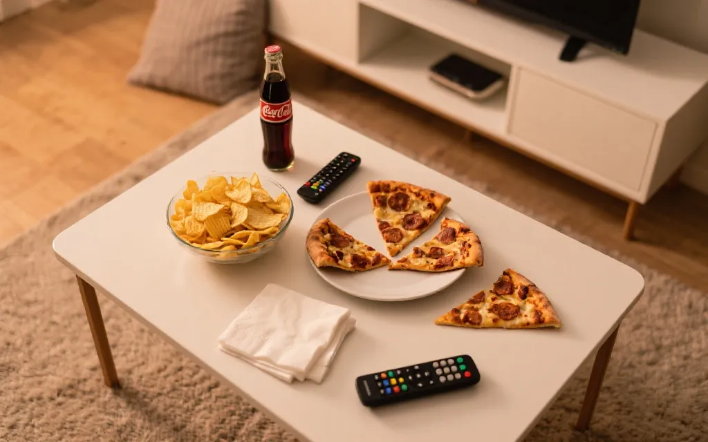 桌面摆放观赛小吃与饮料，旁边有比分记事卡与遥控器